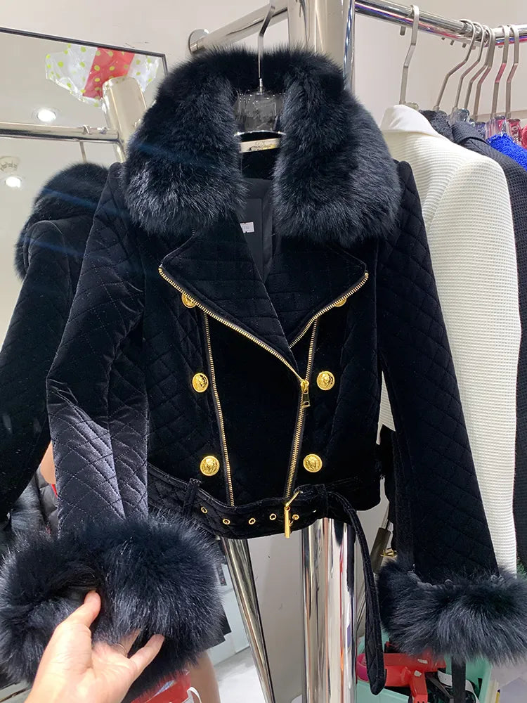 High Street Fashion Fox Fur Collar Detachable Velvet Motorcycle Jacket