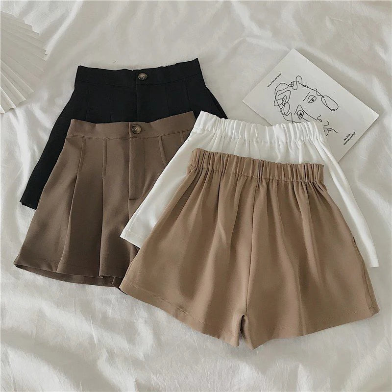 Casual Simple Korean Fashion Elastic High Waist Pleated Shorts