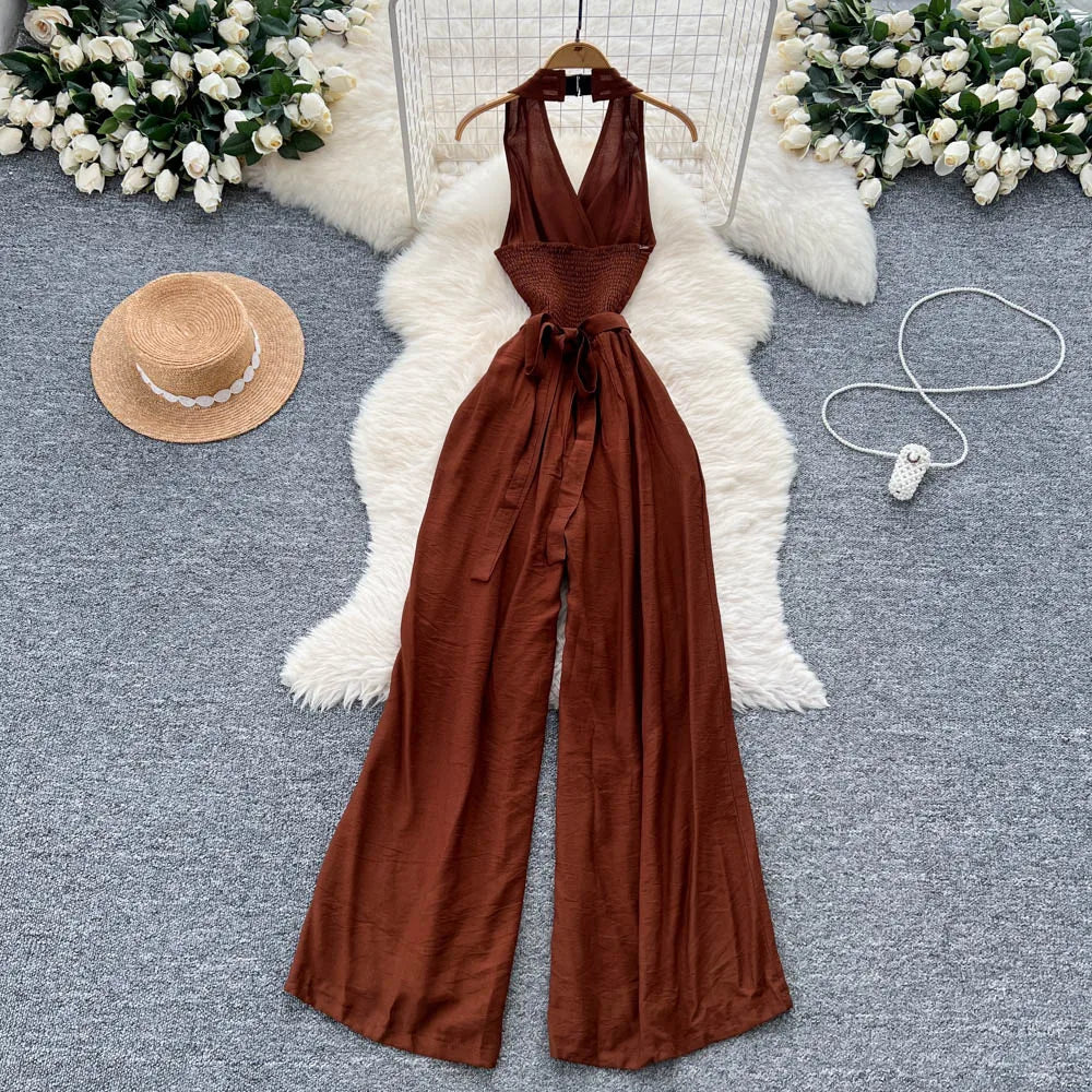 Backless Halter Lace Up Draped Chic Jumpsuit