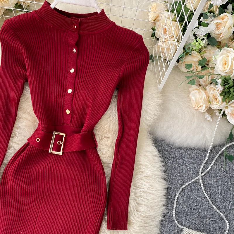 Elegant Casual Knit Belt O Neck Button Long Sleeve Solid Elastic Waist Slim Winter Sweater Dresses