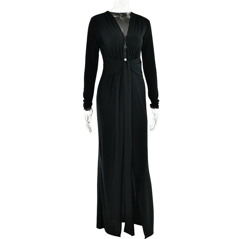 Deep V Neck Long Sleeve Split Maxi Dress