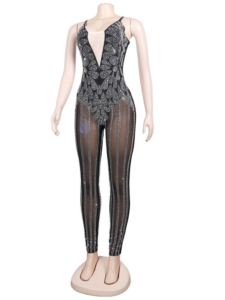 Sparkle Sheer Mesh Crystal Rompers See-Through Rhinestone Jumpsuits