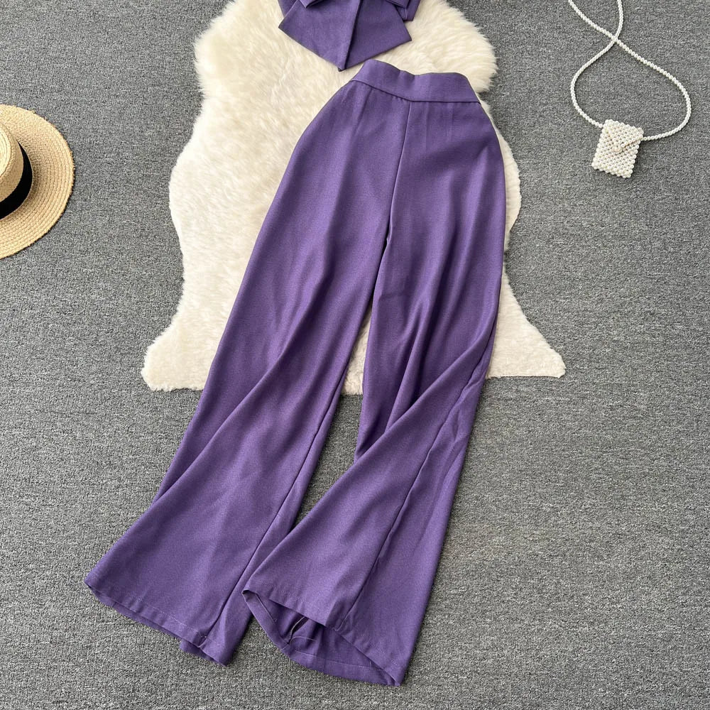 Bow Strap Top+High Waist Casual Wide Leg Long Pants Two piece Set