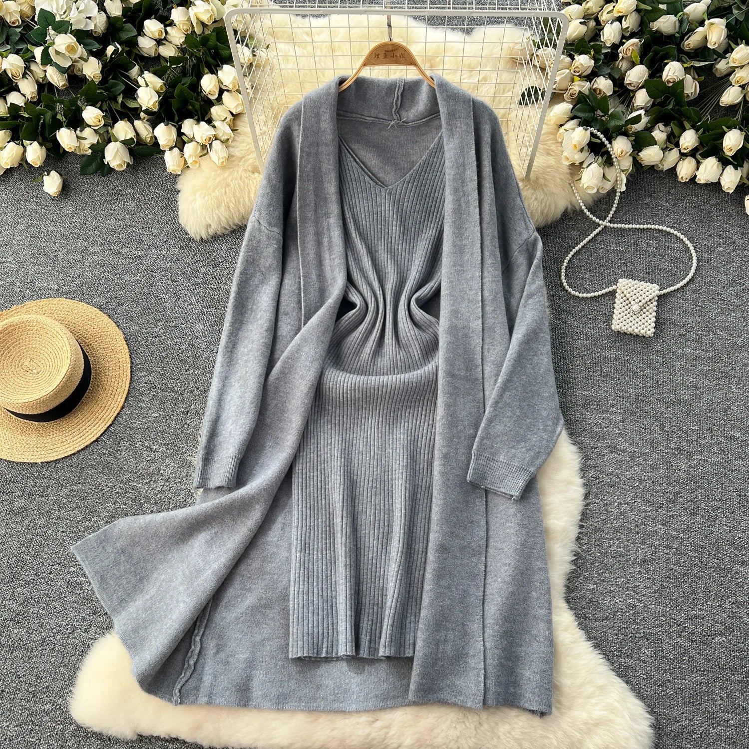 Knitted Two-Piece Sets  Knitting Cardigan+Spaghetti Strap Bodycon Dress