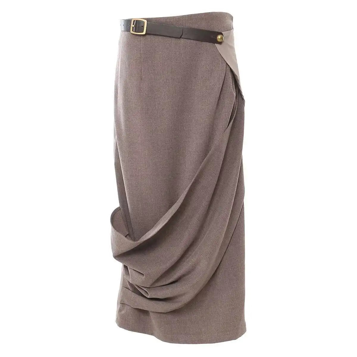 French Niche Asymmetrical High Waist Spliced Belt Solid Slim Skirt