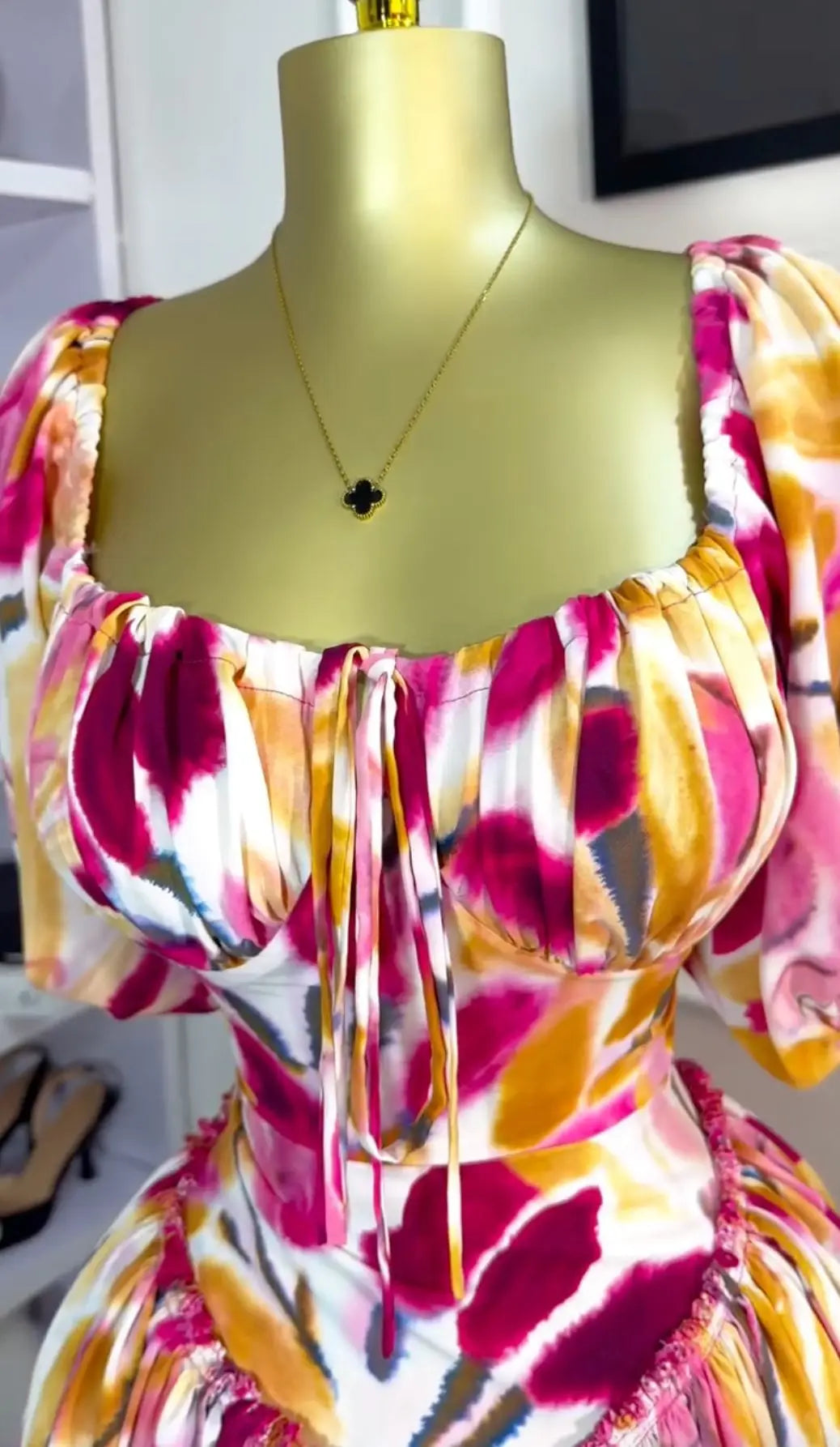 Tulip Floral Printed Lantern Short Sleeve High Waist Dresses