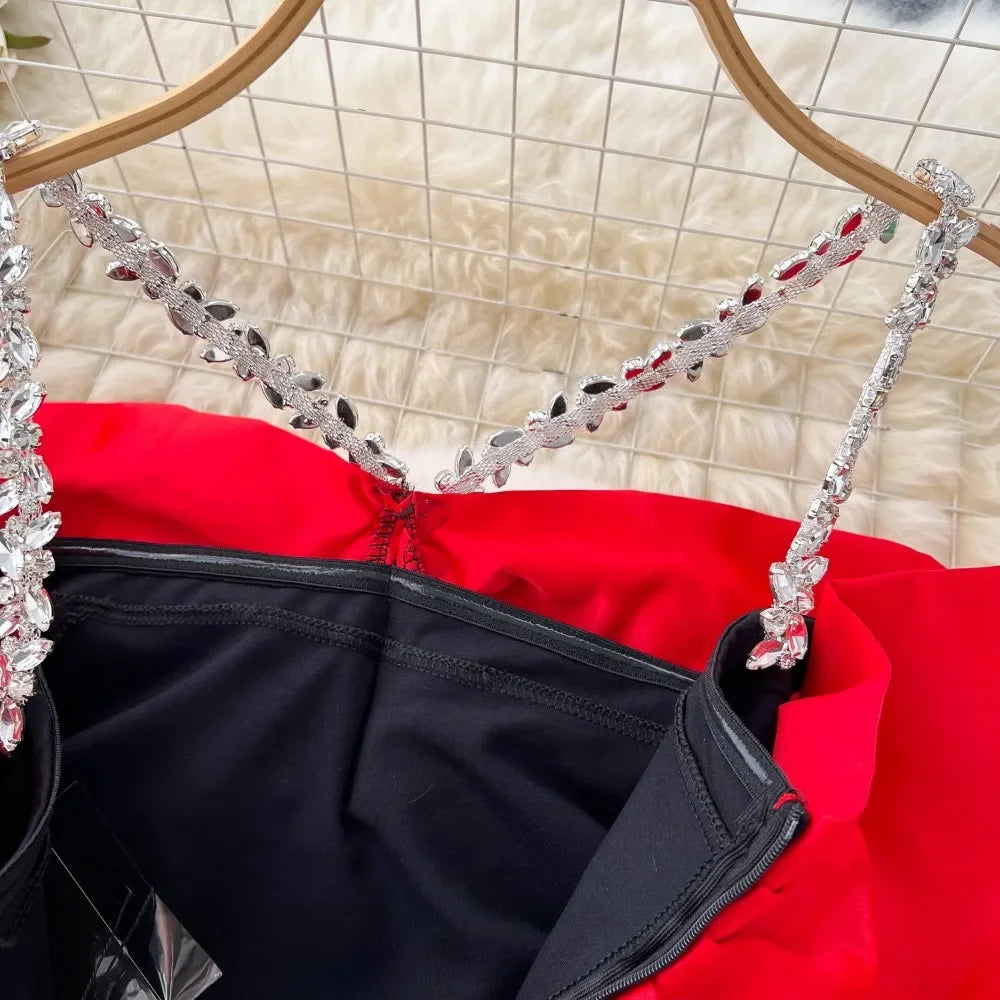 Elegant Rhinestone Chain Halter Off Shoulder Vintage Dress