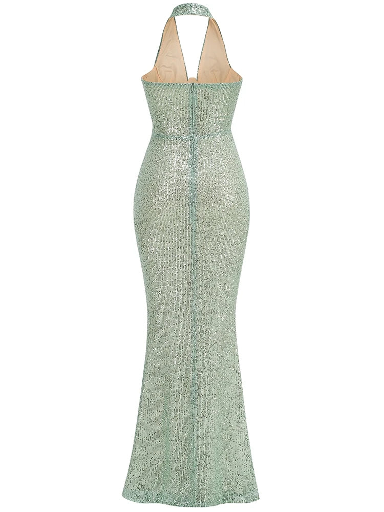 Deep V Neck Halter Sequins Maxi Dress