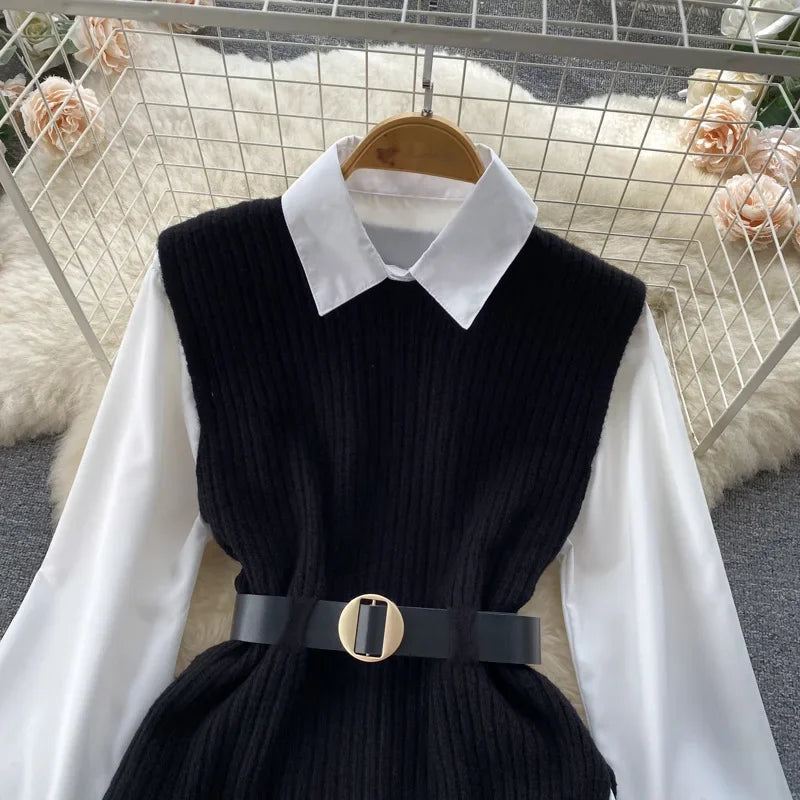 Luxury Style Loose-fit Long Sleeve White Shirt Side Slit Knit Vest 2-piece Set