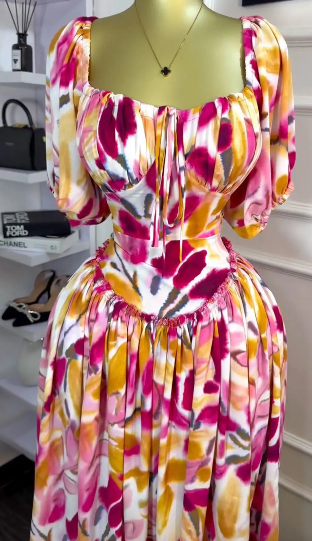Tulip Floral Printed Lantern Short Sleeve High Waist Dresses
