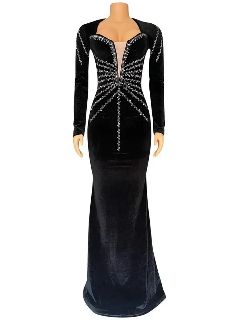 Elegant Diamonds Velvet Long Party Dress