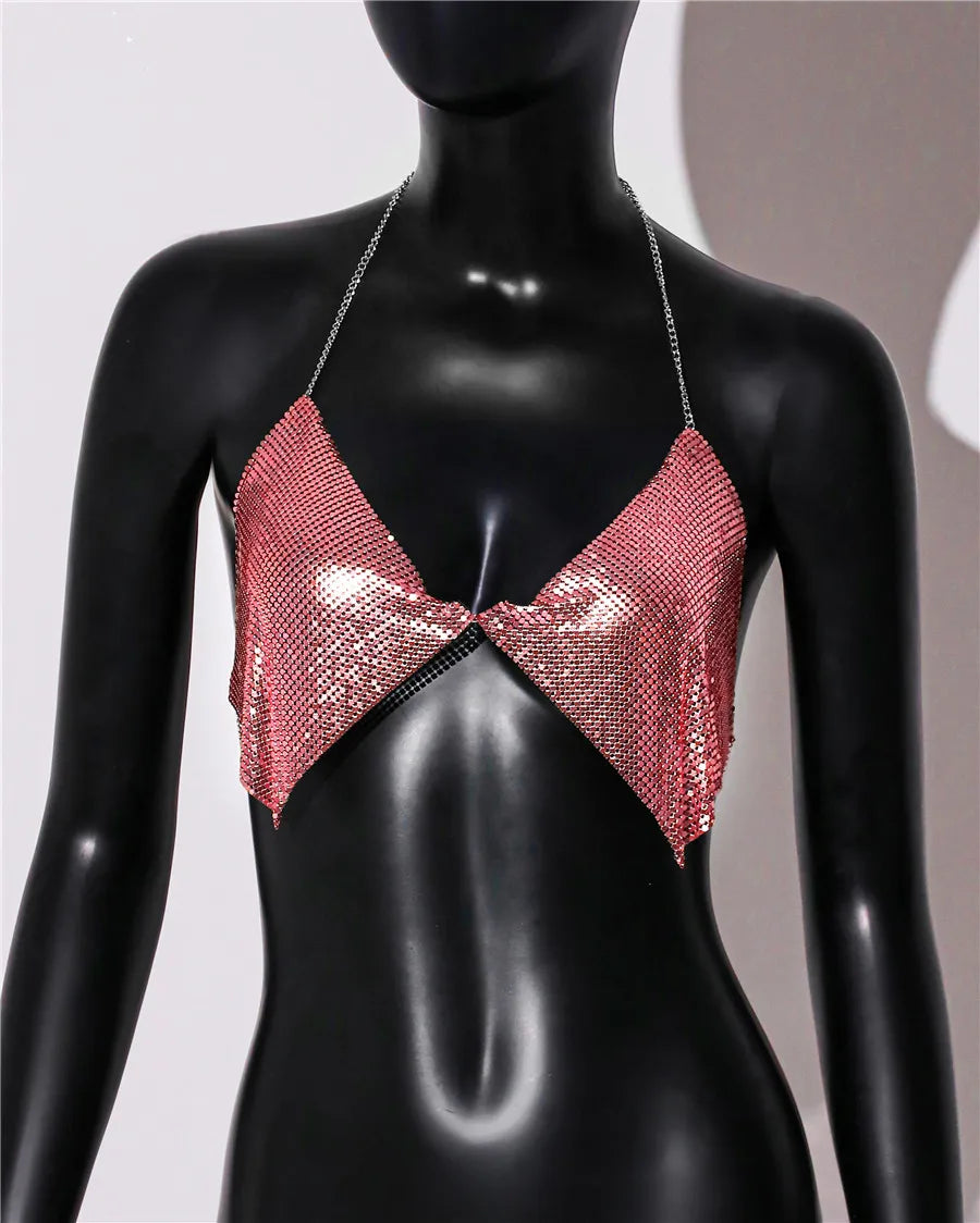 Metal Sequins Backless Halter Crop Top