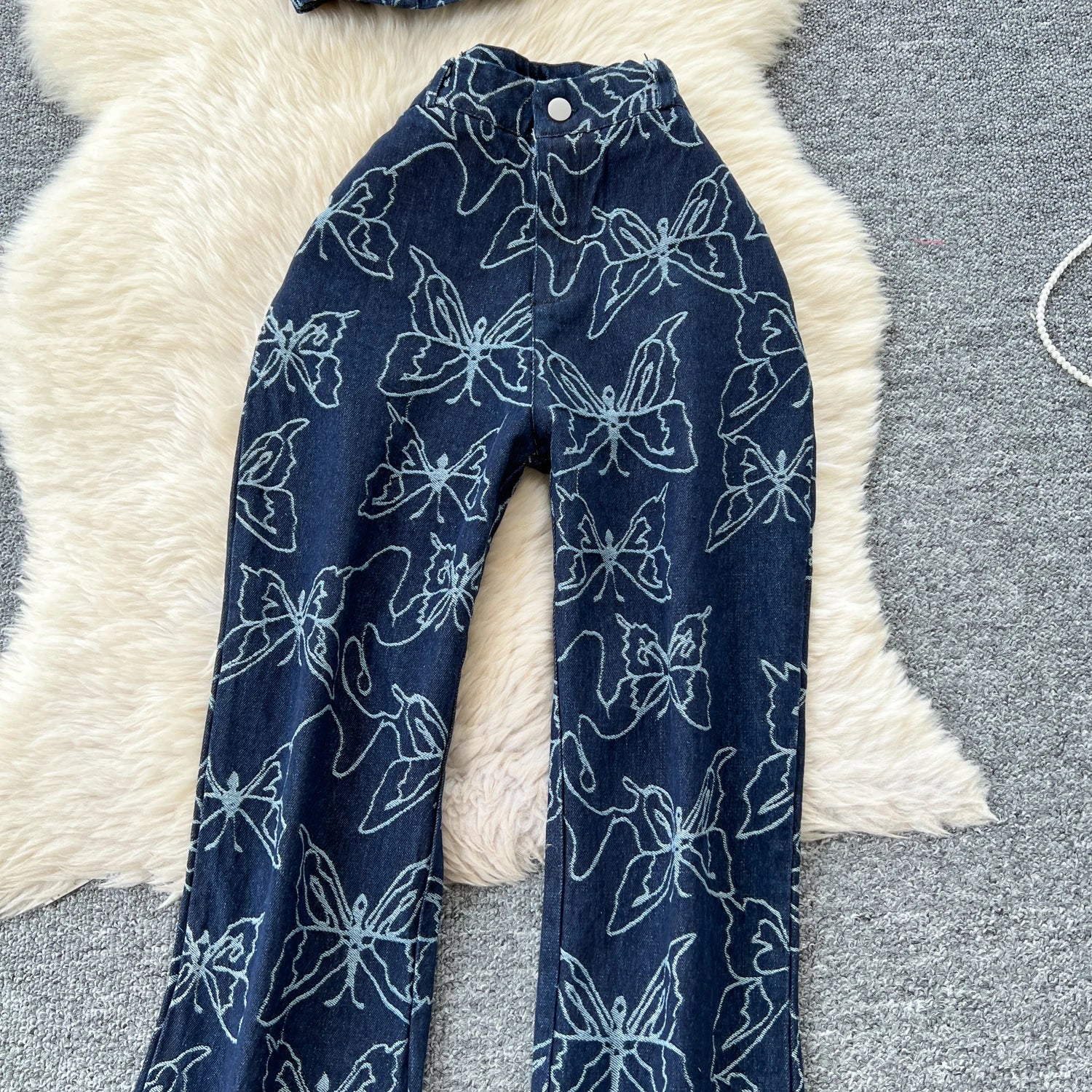 Butterfly Print Denim Two Pieces Sets Halter Strapless Slim Camis+Wide Legs Long Pant Suits