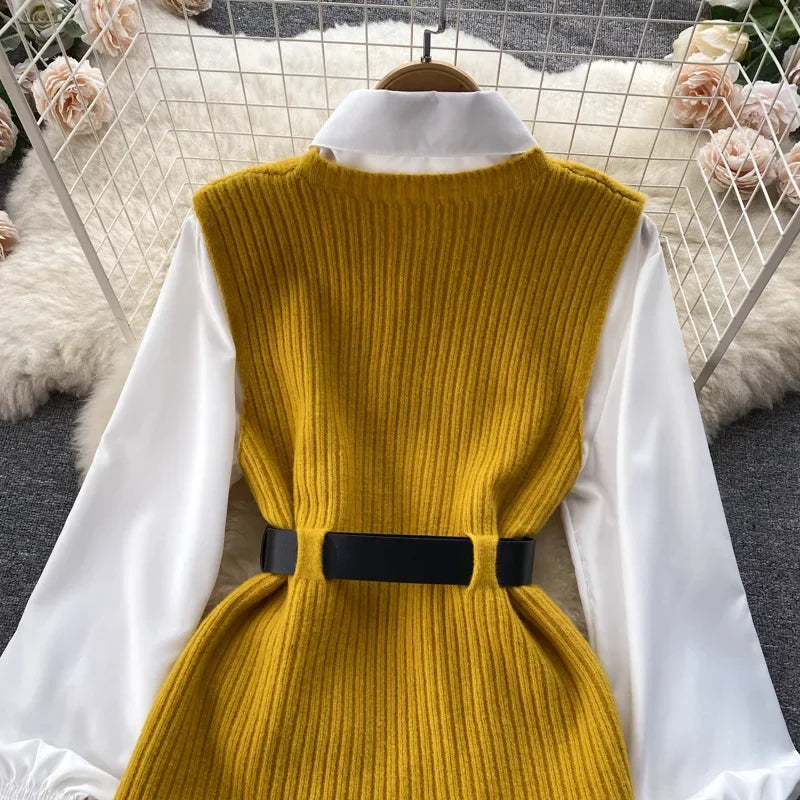 Luxury Style Loose-fit Long Sleeve White Shirt Side Slit Knit Vest 2-piece Set