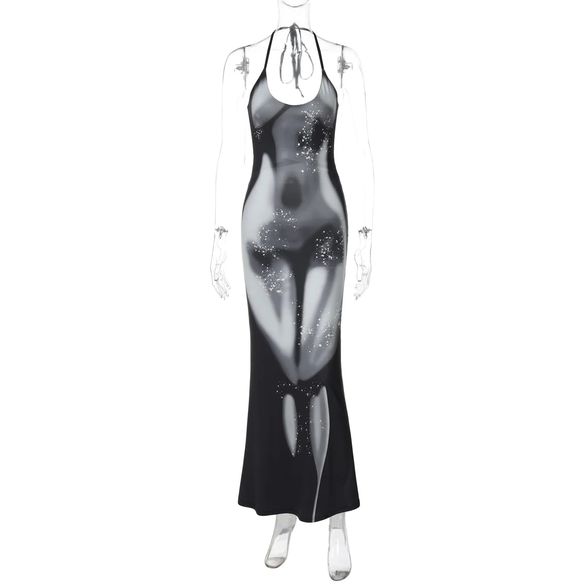 Halter print Backless Bandage Bodycon Maxi Dress
