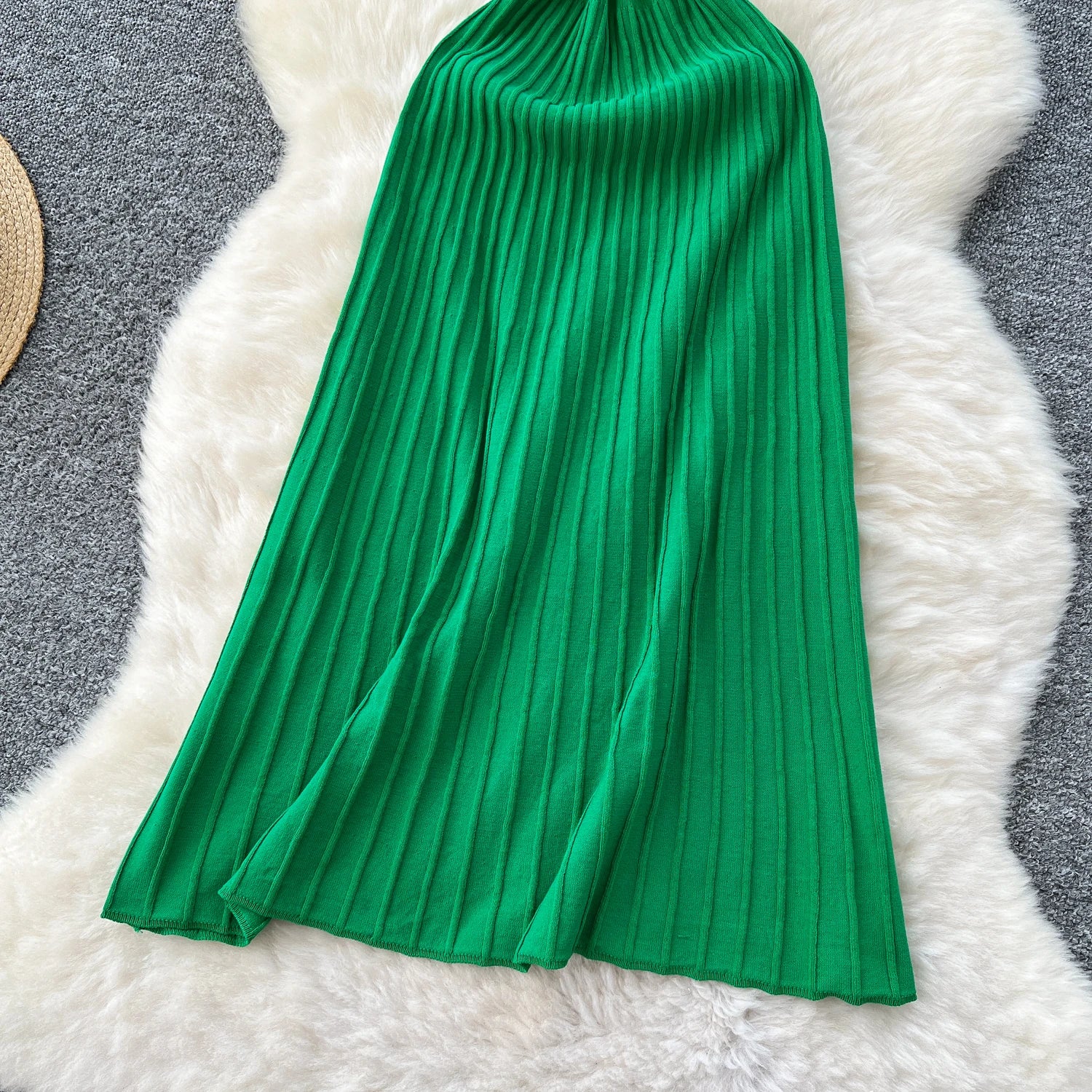 Knit Spaghetti Strap Dress Sleeveless Elastic Waist Slim Long Dress