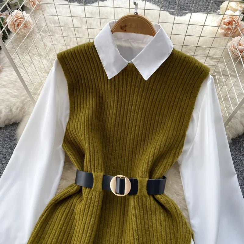 Luxury Style Loose-fit Long Sleeve White Shirt Side Slit Knit Vest 2-piece Set