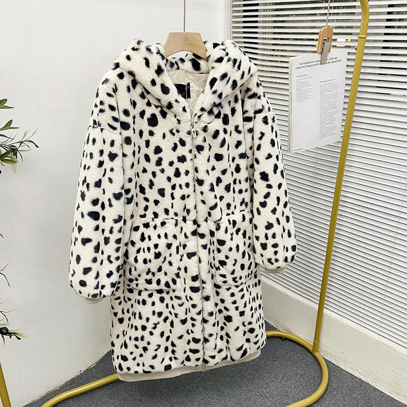 Leopard Faux Fur Long Coat  Sporty Hooded Fake Rabbit Fur Plush Eco-coats