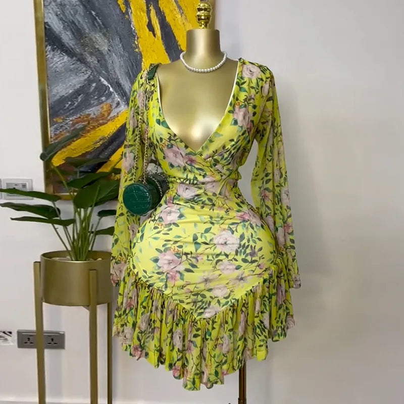 Floral Printed Long Sleeve V-neck Ruffles Mini Dress