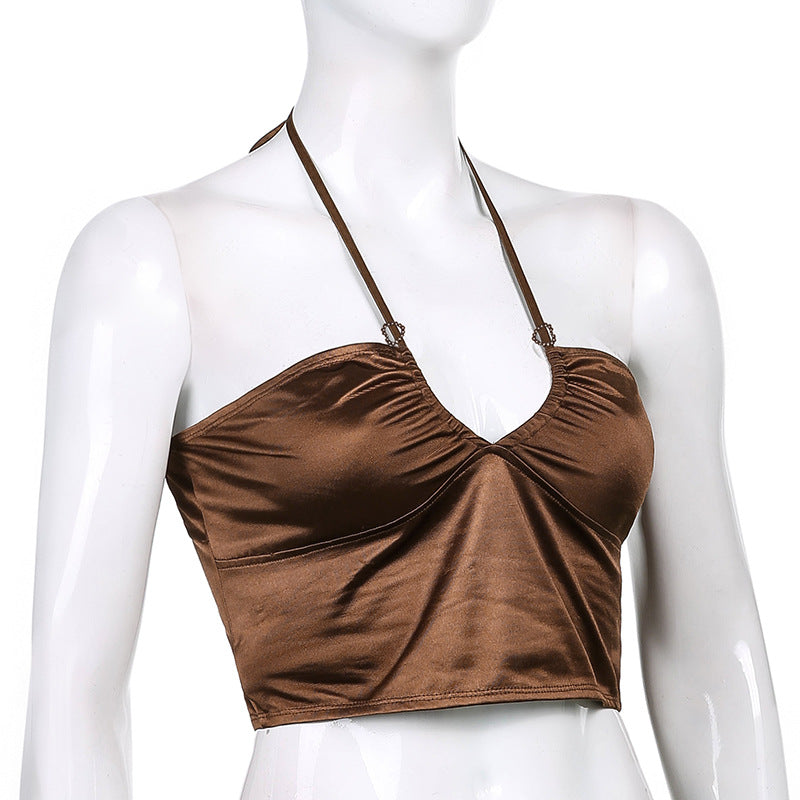 Satin Off Shoulder Bare Midriff Cross Halter Tube Top