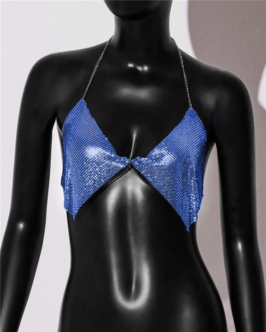 Metal Sequins Backless Halter Crop Top