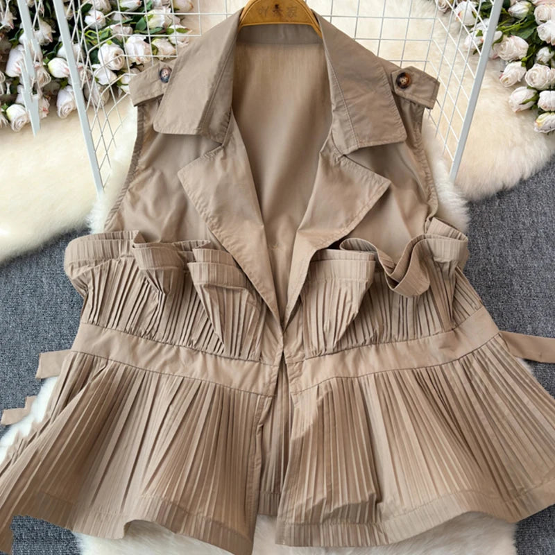 Pleated Versatile Lapel Collar Sleeveless Ruffle Blouse