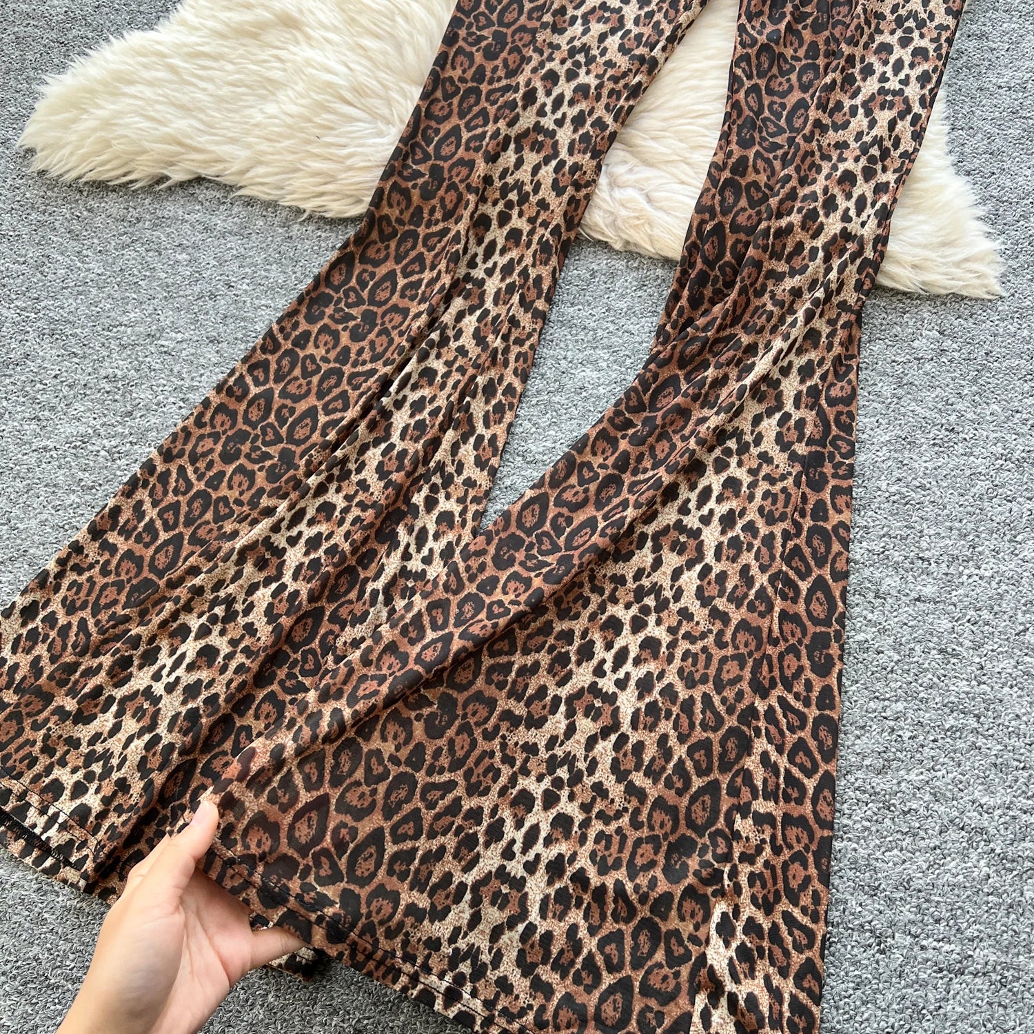 Leopard Strap Tops+Elastic Waist Flared Pants Set