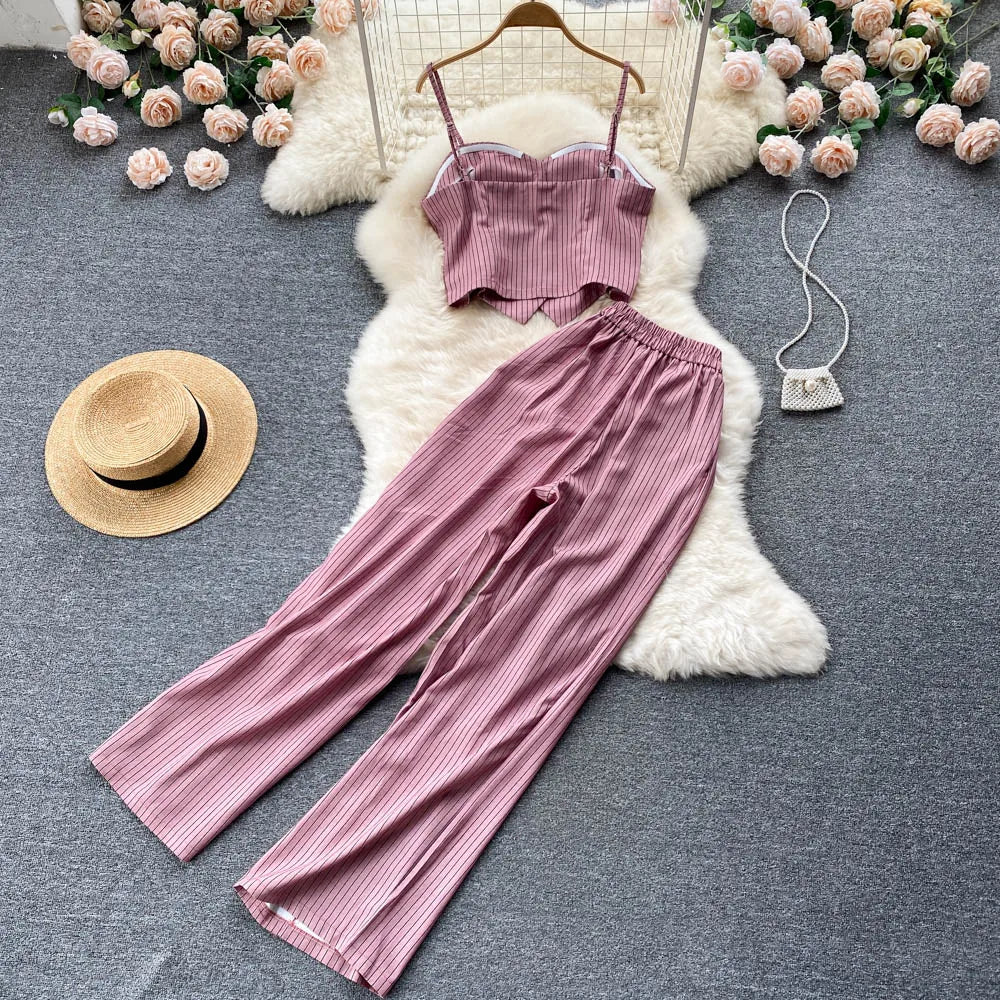 Spaghetti Strap Tops & High Waist Long Pants Two Piece Suits