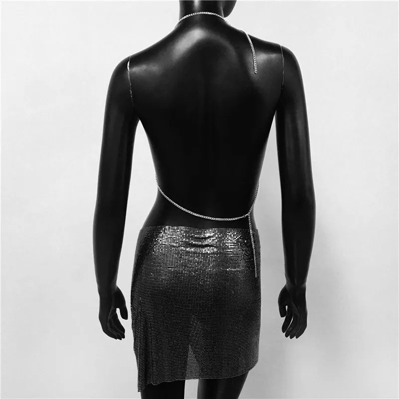 Metal Sequins 2 Piece Set Backless Halter Tank Tops Split Mini Skirts