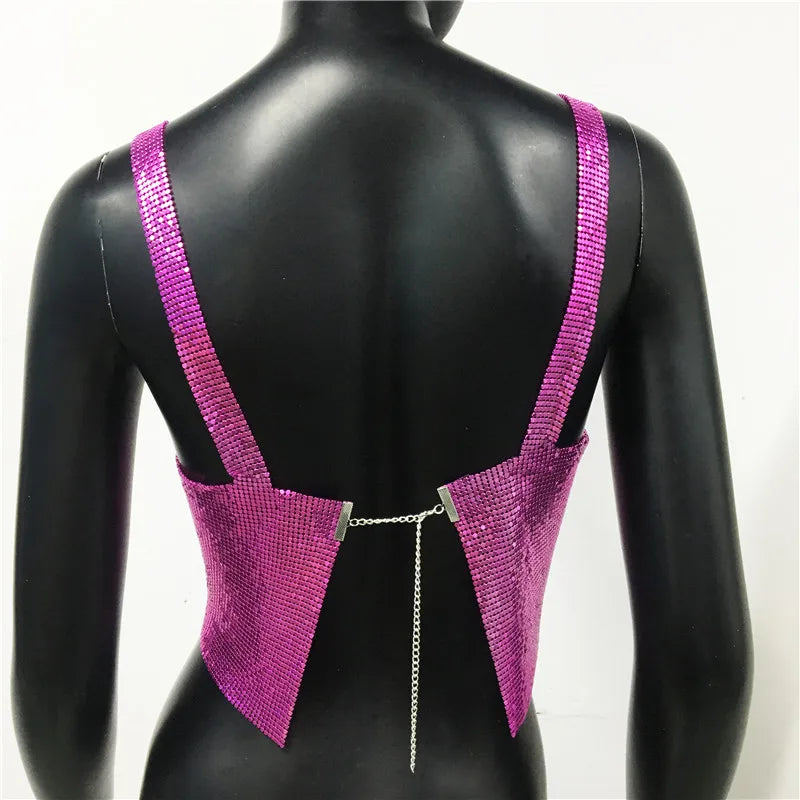 Bling Metallic Sequin Crop Top y2k Backless Straps Cropped Top
