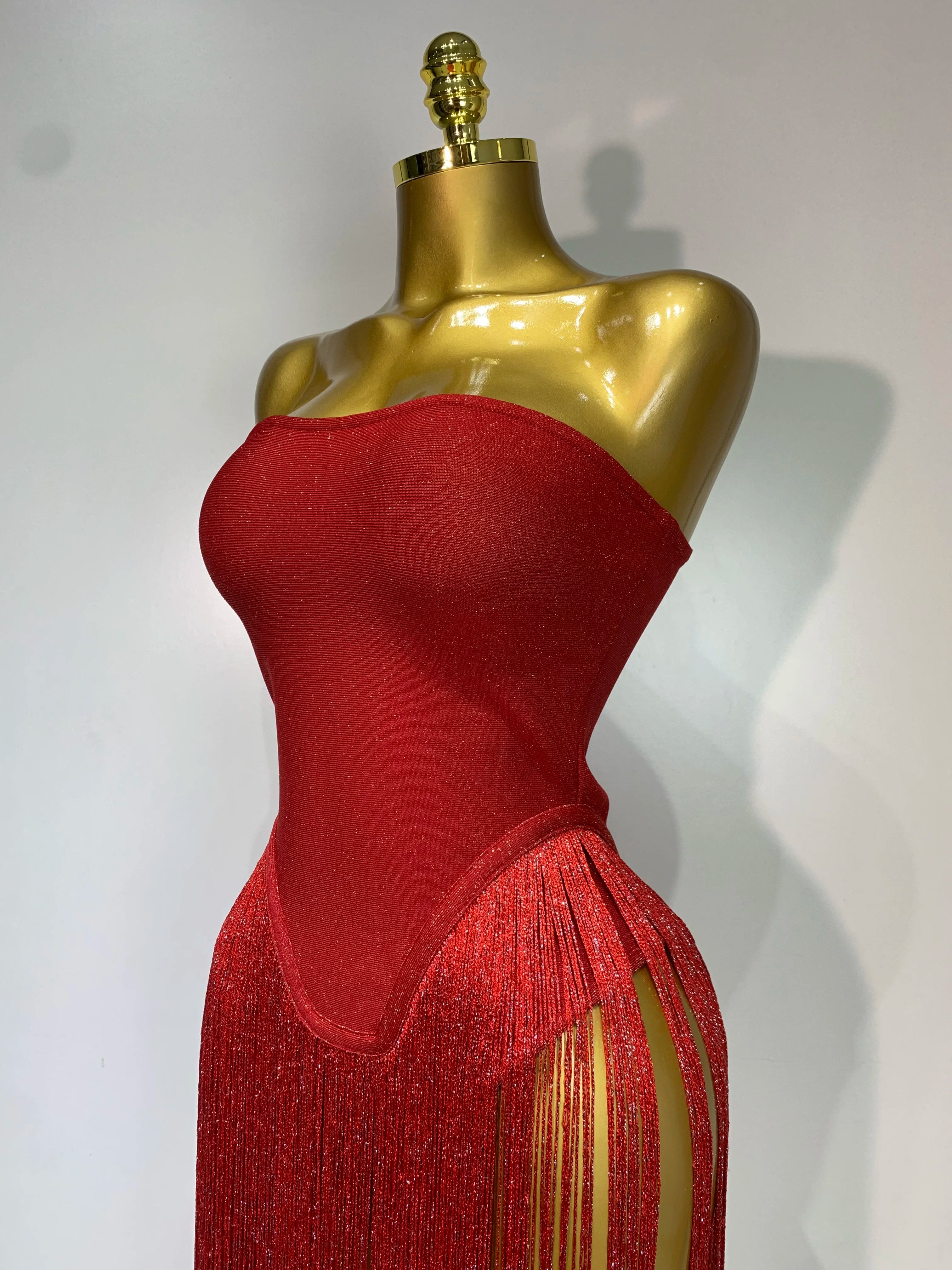 Luxury Long Tassel Patchwork Strapless Bandage Bodysuit Dress