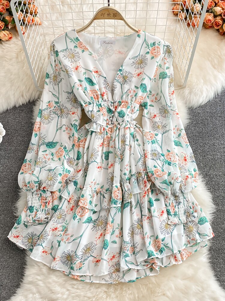 Floral Chiffon V-Neck Lantern Long Sleeve High Waist Ruffle Dress