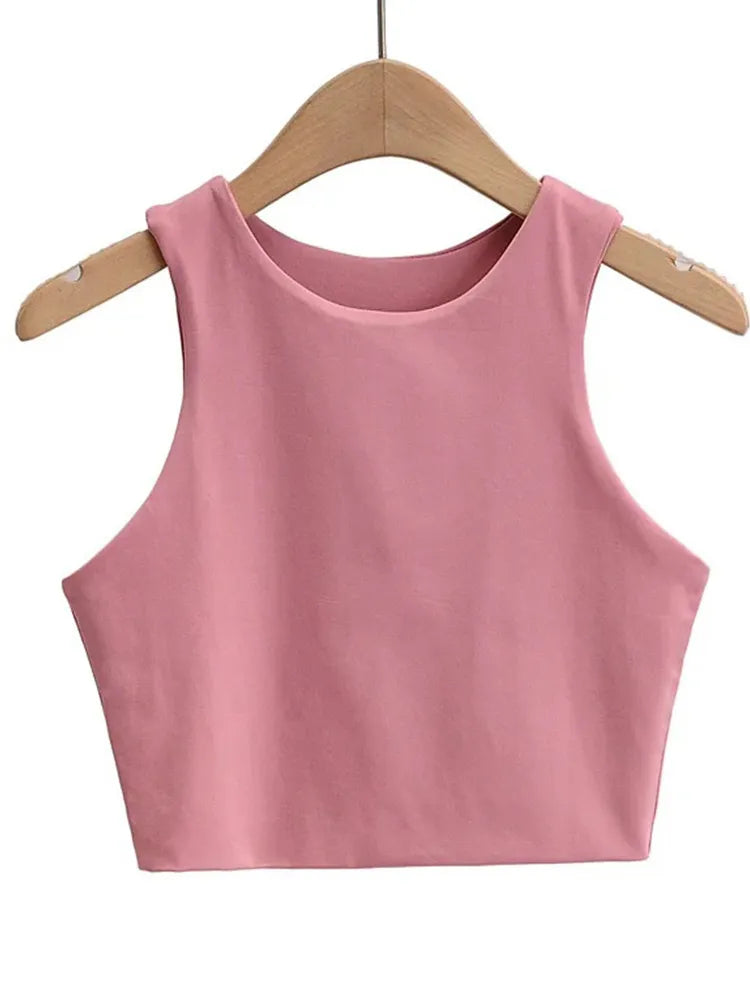 Slim Tops O-neck Sleeveless Double Nylon Tank Tops