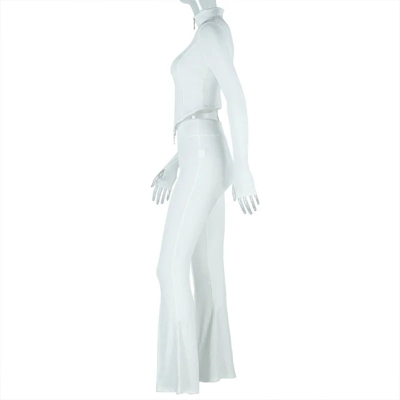 2-Piece Set Half-High Neck Irregular Hem Zip Long Sleeves Tops & Flare Trousers Casual Suits