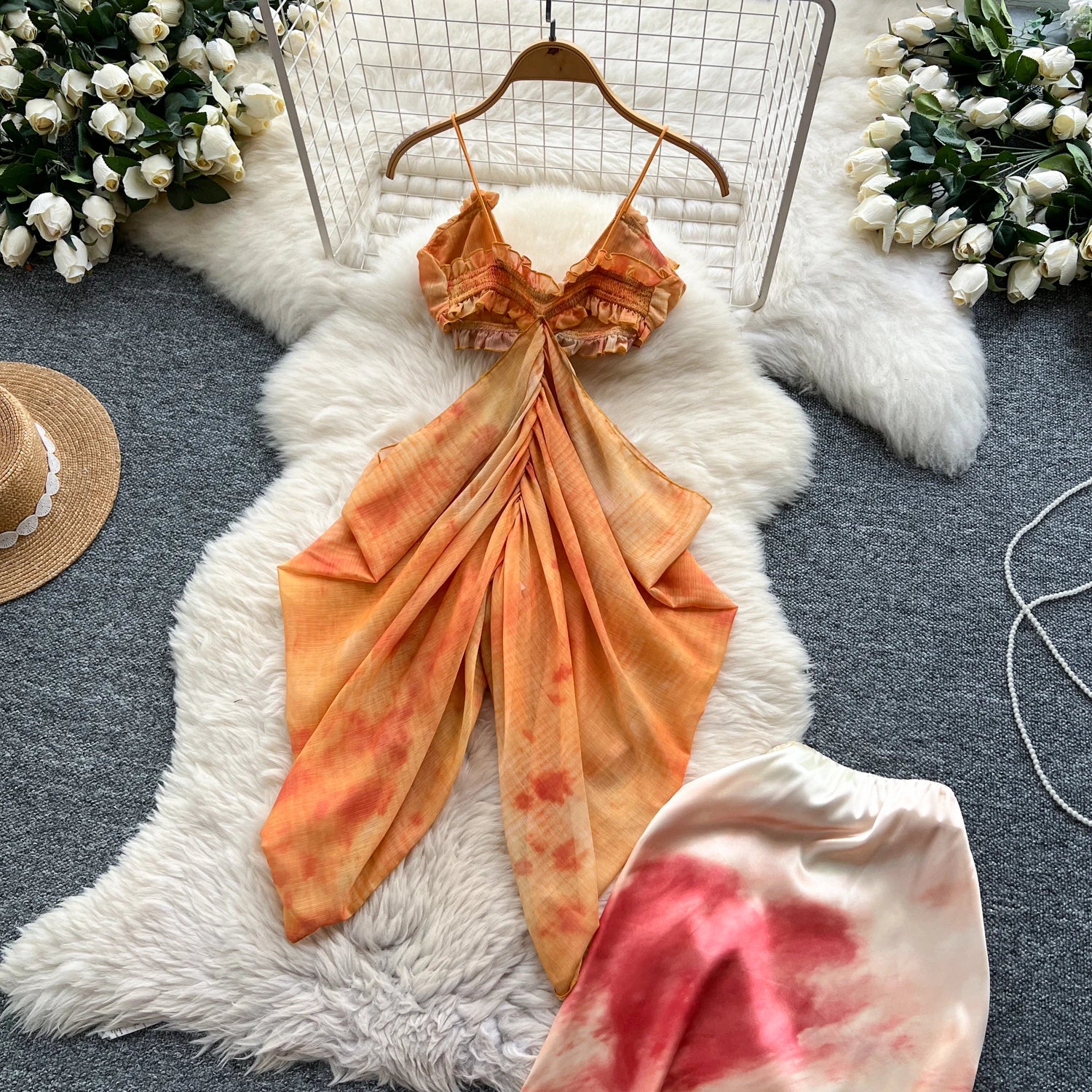 Backless Irregular Chic Tops+Skinny Satin Long Skirt Two Piece Set
