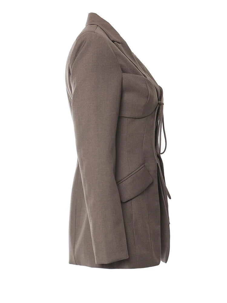 Lapel Long Sleeve Bandage Hollow Out Elegant Blazer