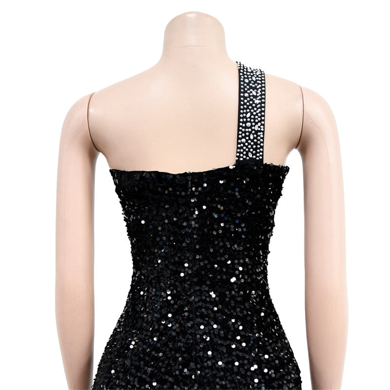 One Shoulder Backless Diamond Sequin Long Bodycon Dress