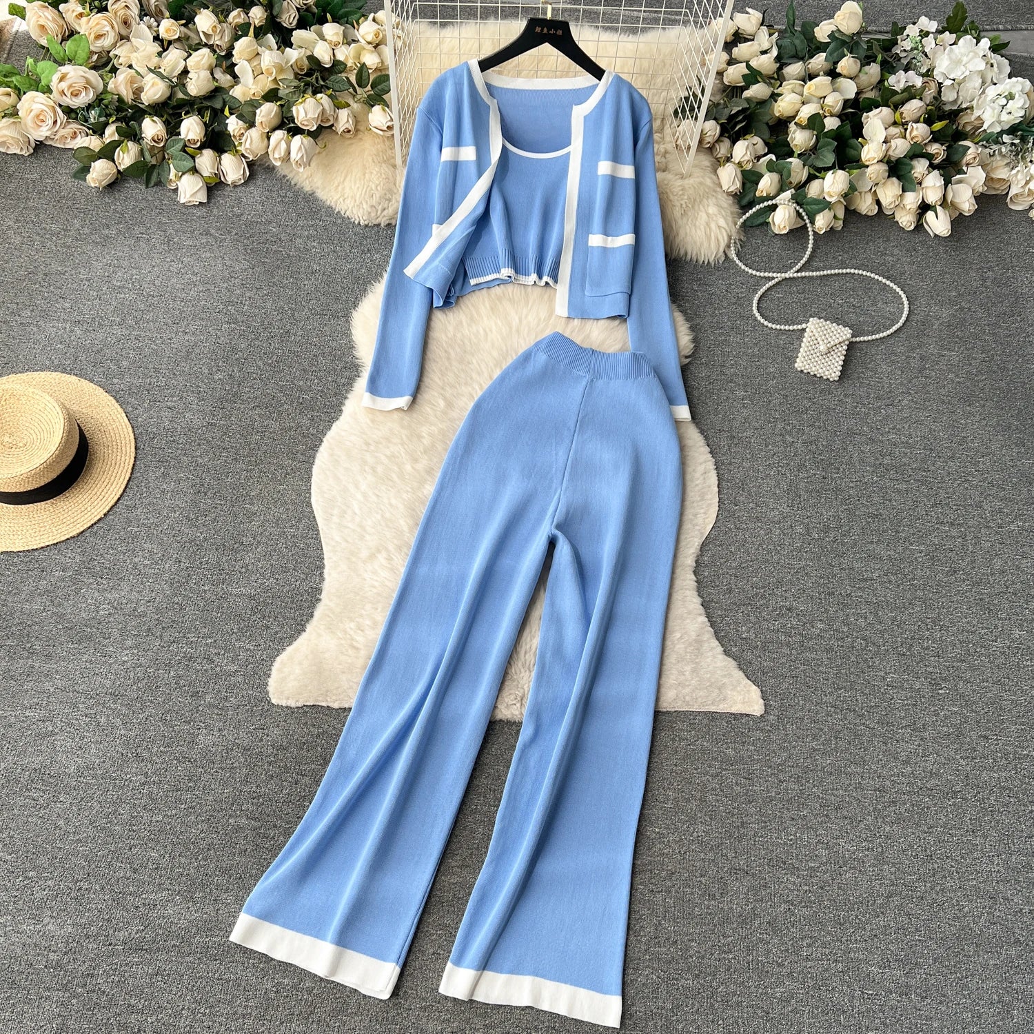 Three Pieces Sets Tank Top+Long Sleeves Short Cardigan+Elastic Long Pants Set