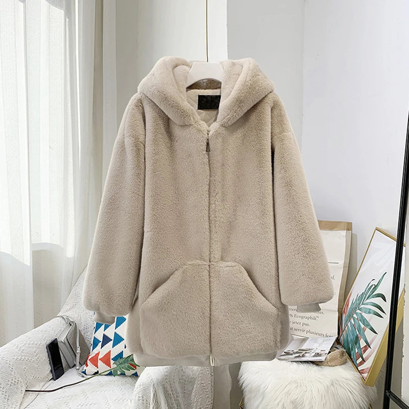 Rabbit Fur Coat Jacket Zipper Hooded Thick Warm Sporty Streetwear