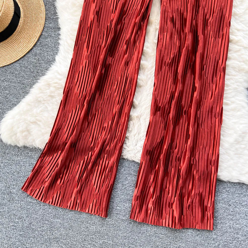 Pleated Vintage Striped Long High Waist Wide Leg Trousers