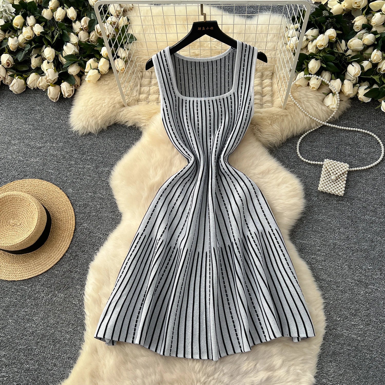 Knitting Stripe Sleeveless Slim Fit A Line Tank Dress
