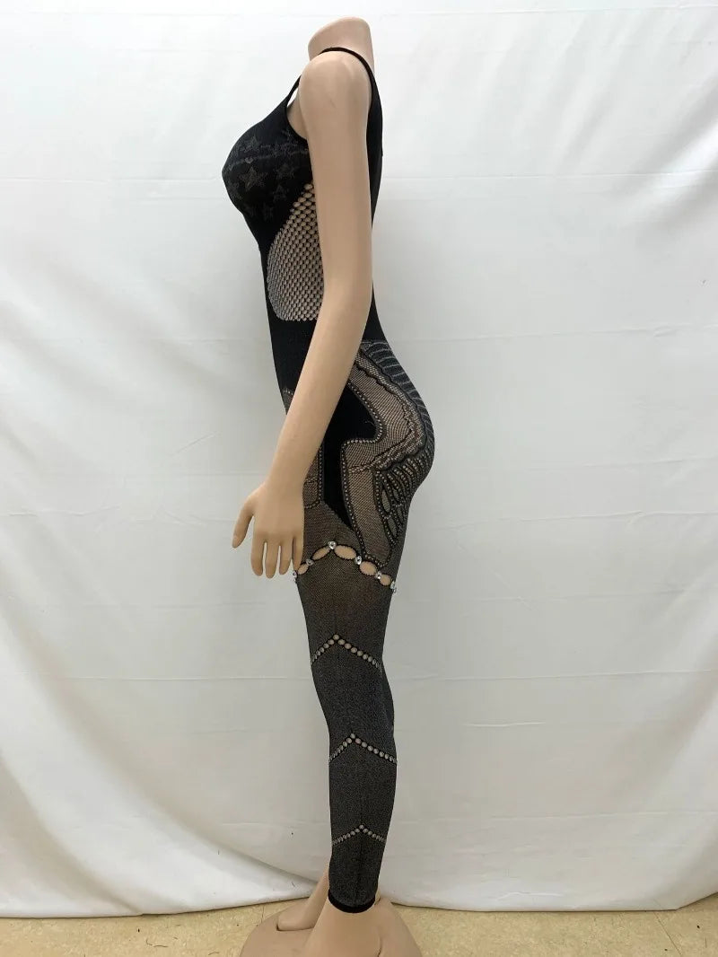Hollow Out Rhinestones Patchwork Jumpsuit