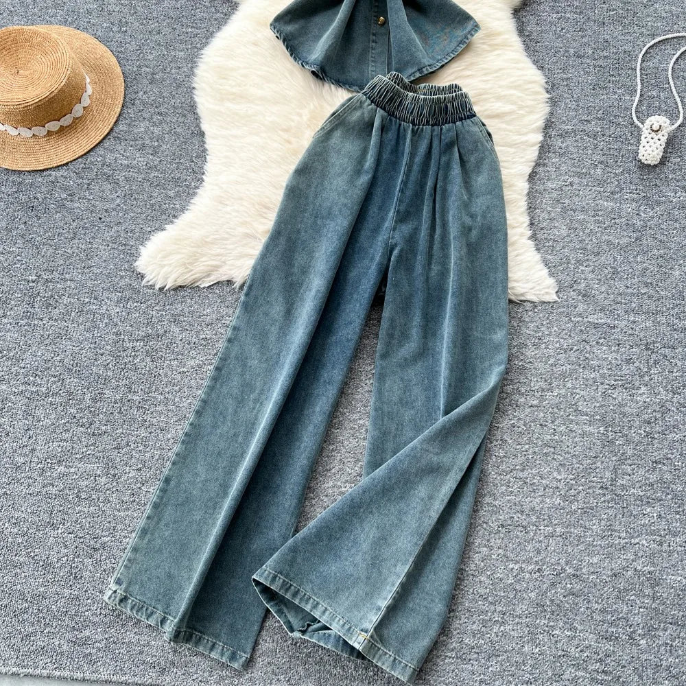Casual Lace Up Slim Waist Denim Tops High Waist  Trousers Two Piece Set