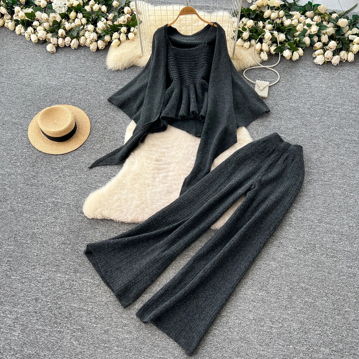 Autumn Warm Sweater Suits Mini Strap Vest+Outerwear Cardigans+Basic Long Pants Three Pieces Sets