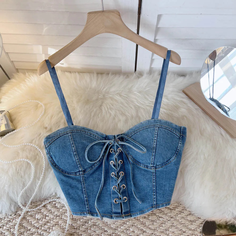 Spaghetti Strap Denim Drawstring Tanks Camis