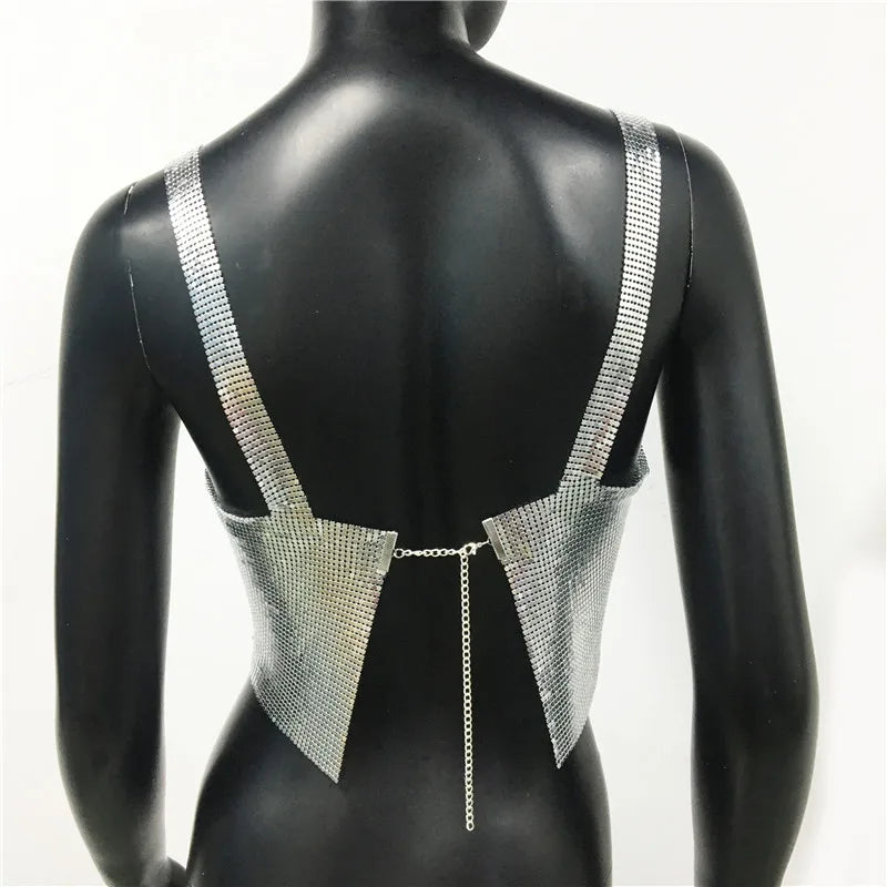 Bling Metallic Sequin Crop Top y2k Backless Straps Cropped Top