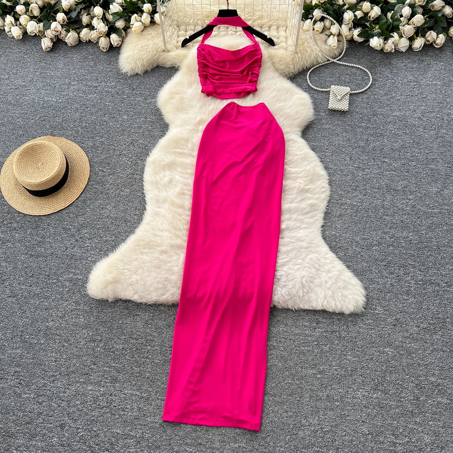 Halter Pleated Backless Top+Lace Up Split Long Skirt Two Pieces Sets