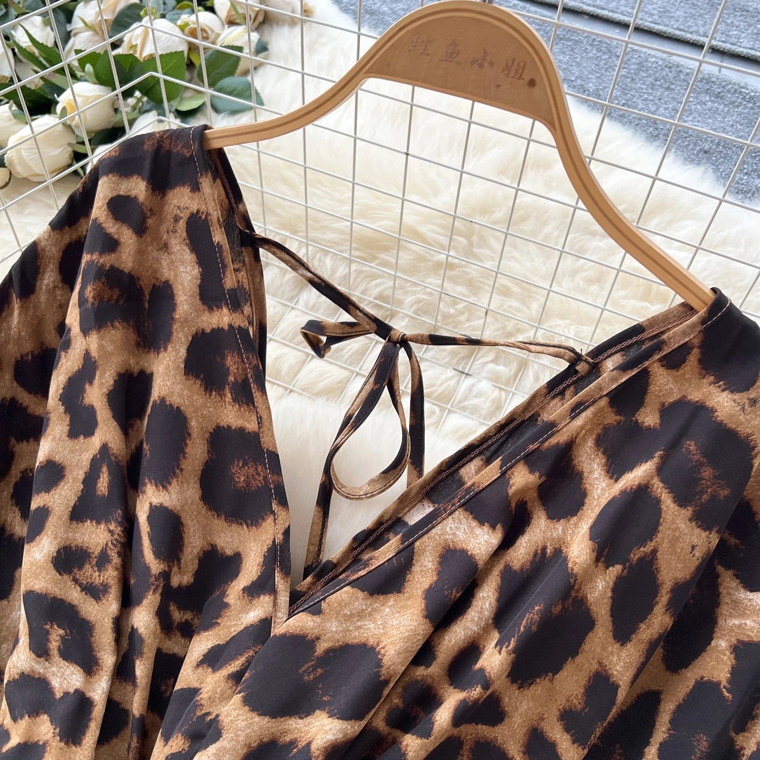 Flared Sleeves Elastic Waist Slim Fit Leopard Print Long Rompers Jumpsuit