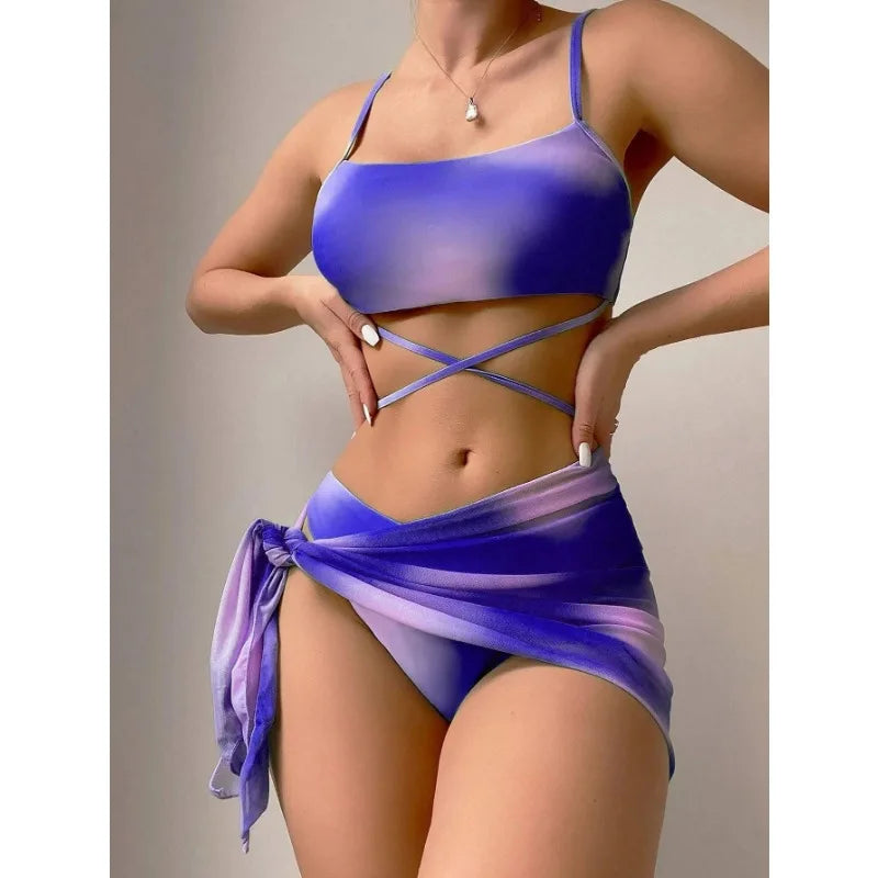 Tie Dyed Split Bikini Sexy Hip Lifting Mesh Gradient Beach Three Piece Set Cross Swimwear