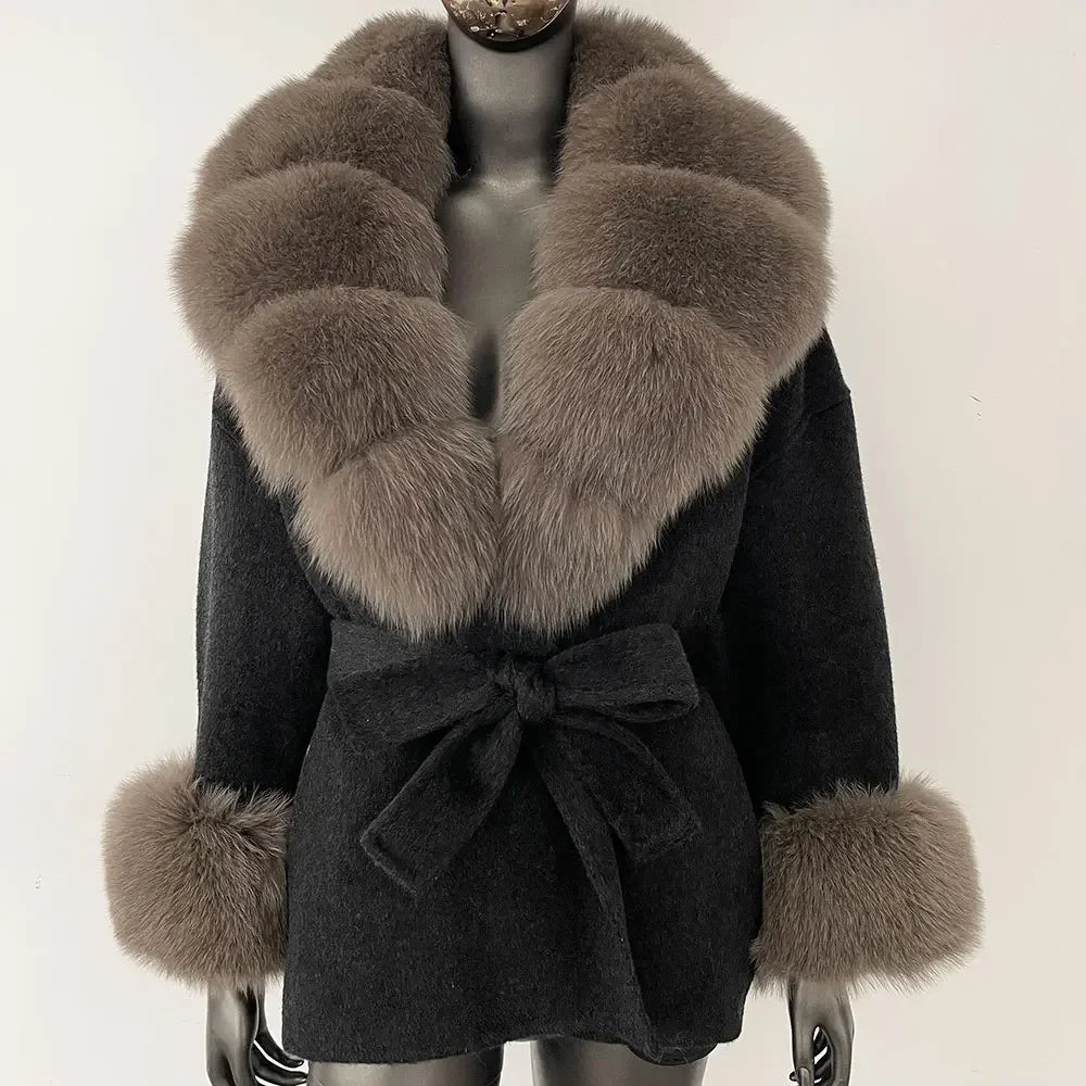 Winter Loose Outerwear Casual Natural Real Raccoon Fox Fur Blends Wool Coat
